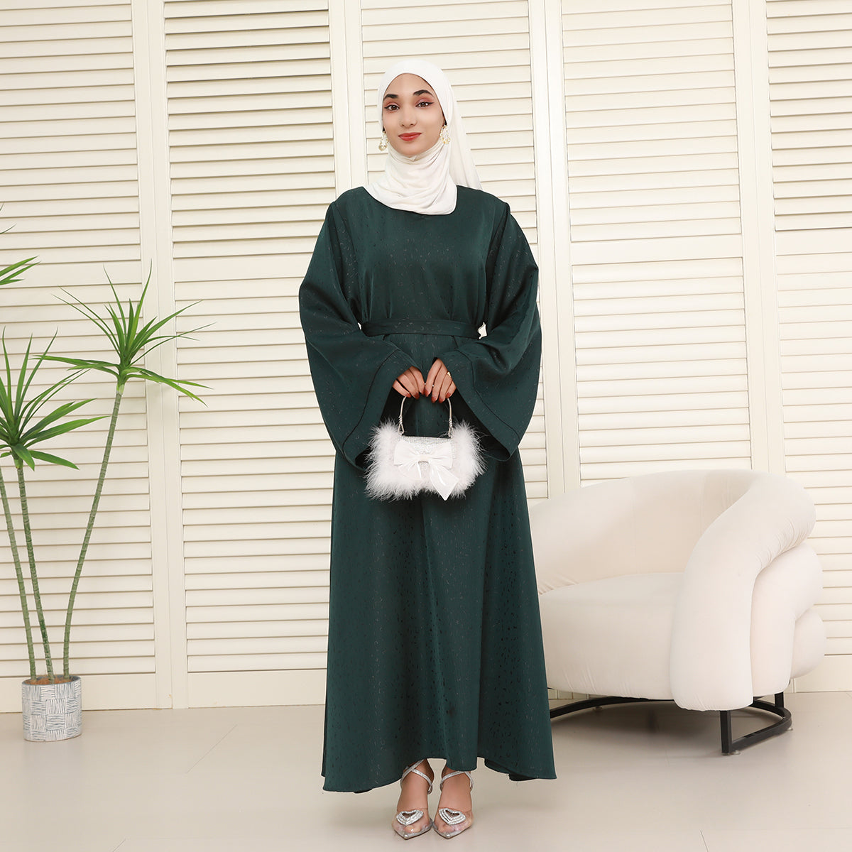 Elegant 3D Jacquard Brocade Belted Maxi Dress Abaya– Luxury Satin Gown for Formal Occasions(NCA019)