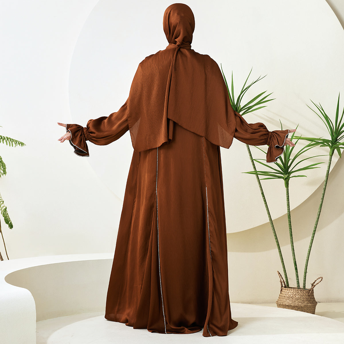 3-Piece Ruffle Sleeve Haiya Abaya Set with Sparkling Rhinestone (NCS006)