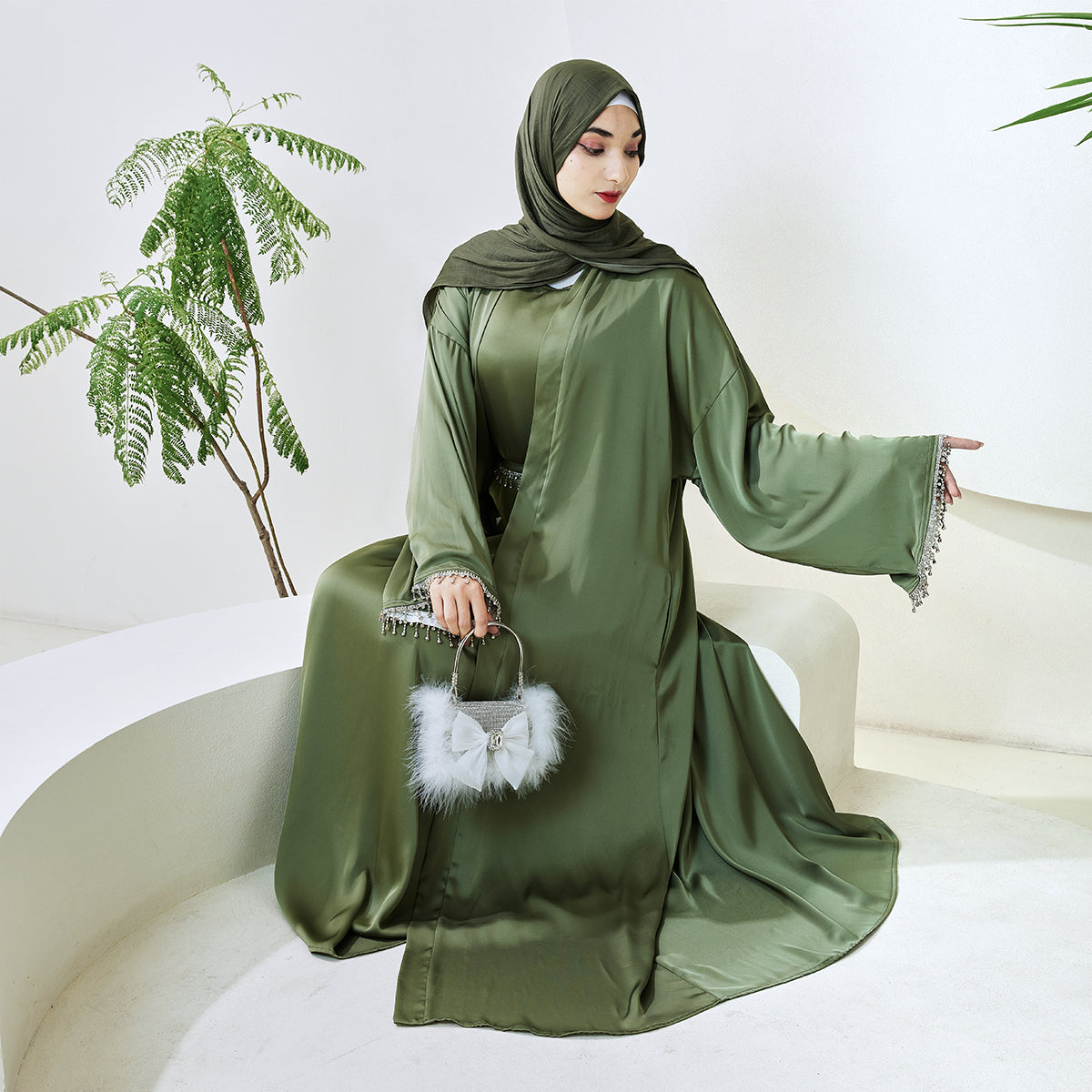 Satin Abaya With Diamond Tassels Belt, 4-Piece Set (NCS004)
