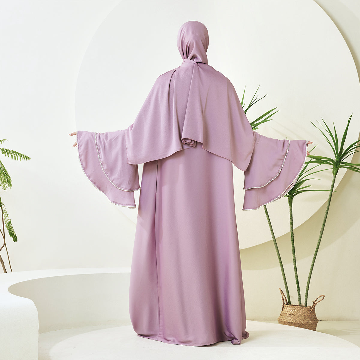 Crepe Satin Ruffle Sleeve Abaya, 5-Piece Set (NCS003)