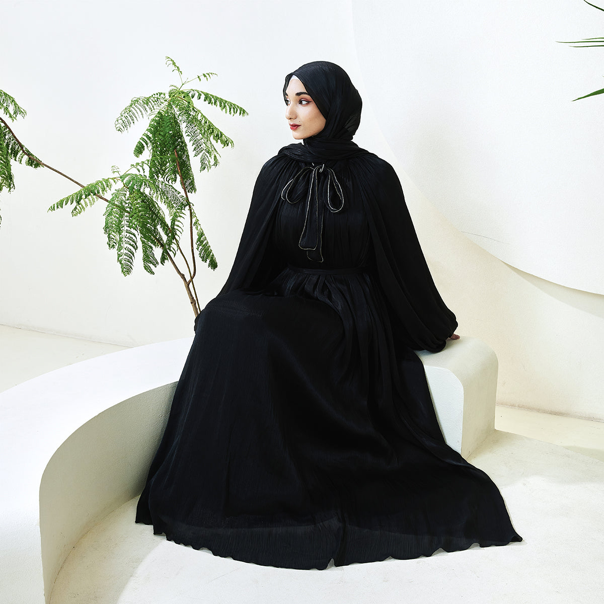 Haffafa Armani Satin Abaya Set – Modest Dress with Matching Belt & Hijab(NCS002)