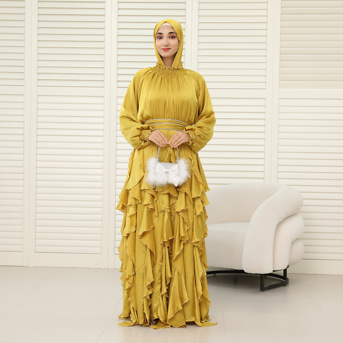 3-Piece Pleated Satin Ruffle Abaya with Crystal Belt & Hijab (NCS015)