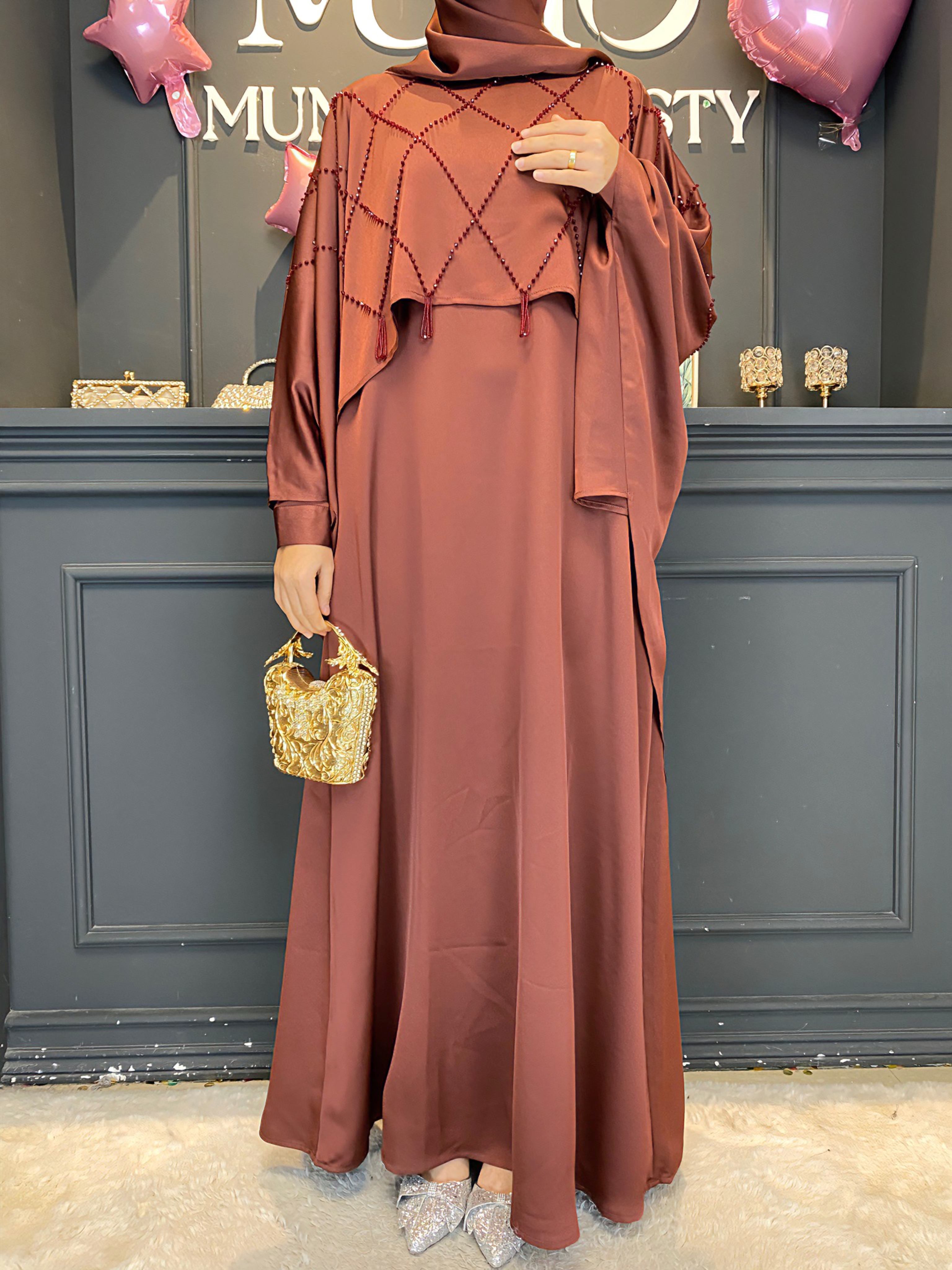 Ramadan 3-Piece Satin Abaya Set – Handmade Beaded Open Abaya with Inner Dress & Hijab (NCS021)