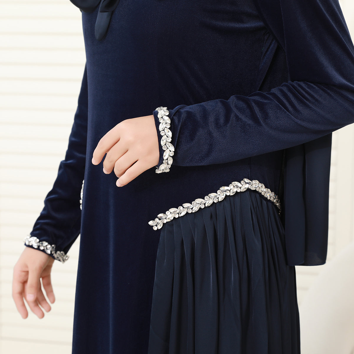 Navy Collar Velvet Satin Abaya Set with Hijab – Fall Modest Fashion (NCS016)