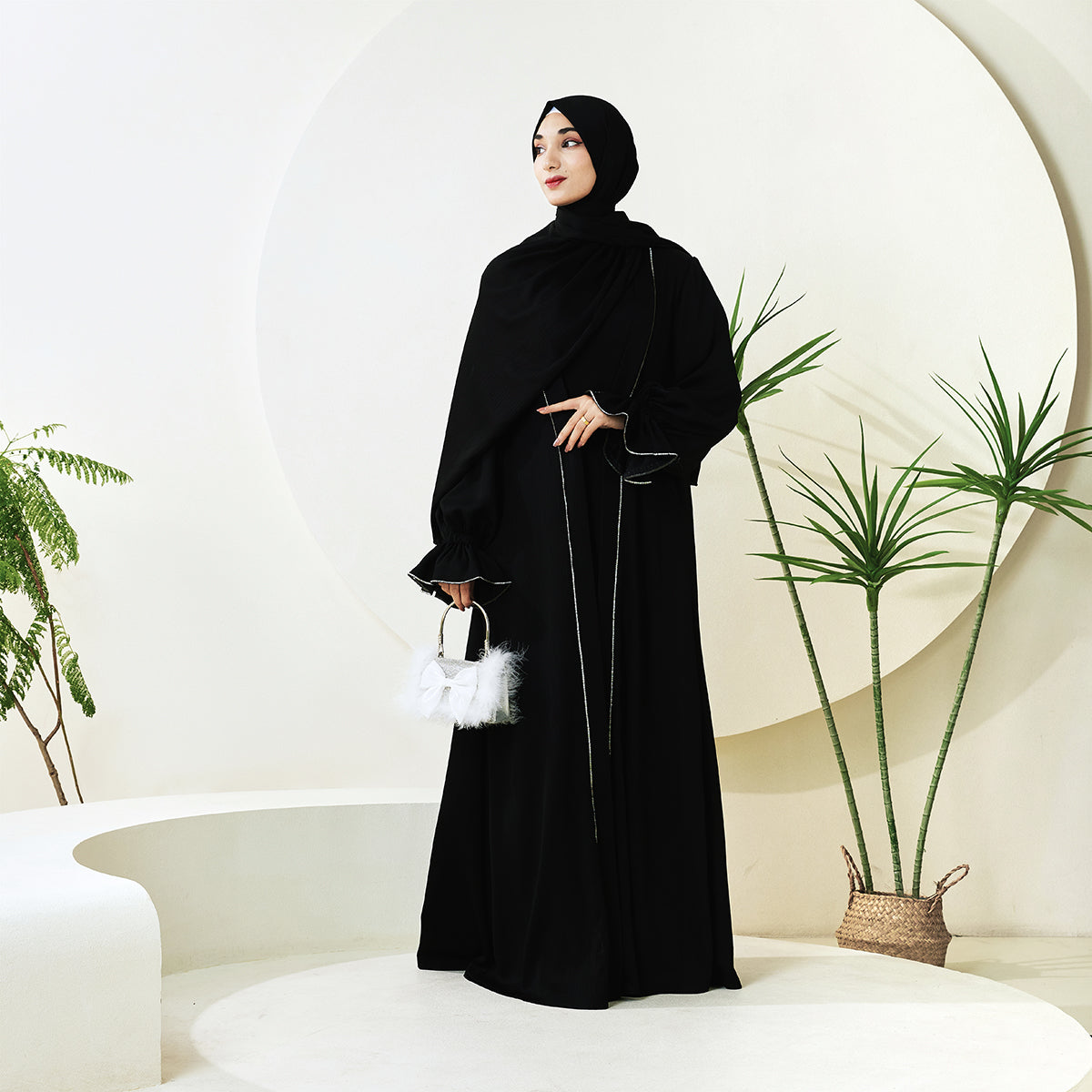 3-Piece Ruffle Sleeve Haiya Abaya Set with Sparkling Rhinestone (NCS006)