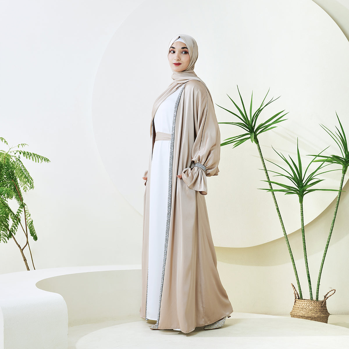 Poet Sleeve Satin Open Abaya With Matching Belt and Hijab(NCS007)