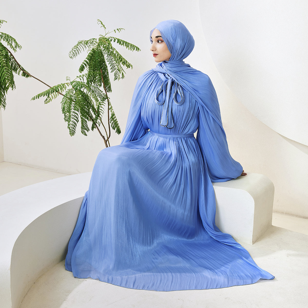 Haffafa Armani Satin Abaya Set – Modest Dress with Matching Belt & Hijab(NCS002)