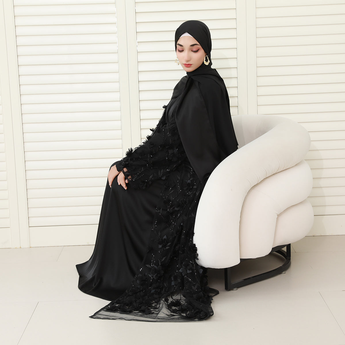 4-Piece 3D Floral Applique Abaya Set with Sheer Overlay – Elegant Occasionwear for Muslim Women-Preorder (NCS012)