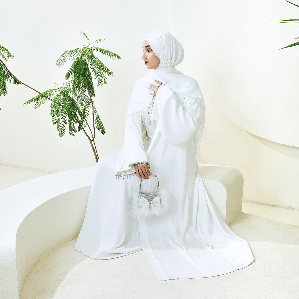 Satin Abaya With Diamond Tassels Belt, 4-Piece Set (NCS004)