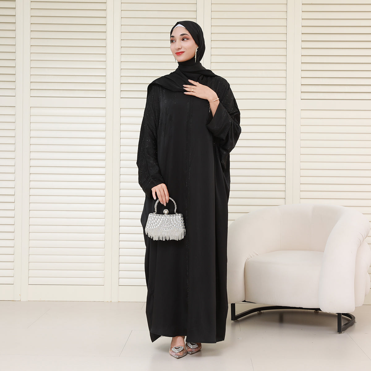 Luxury Rhinestone Zipper Abaya Dress with Built-In Belt and Hidden Snap Cuffs – Modest Maxi Dress with Pockets (NCS020)