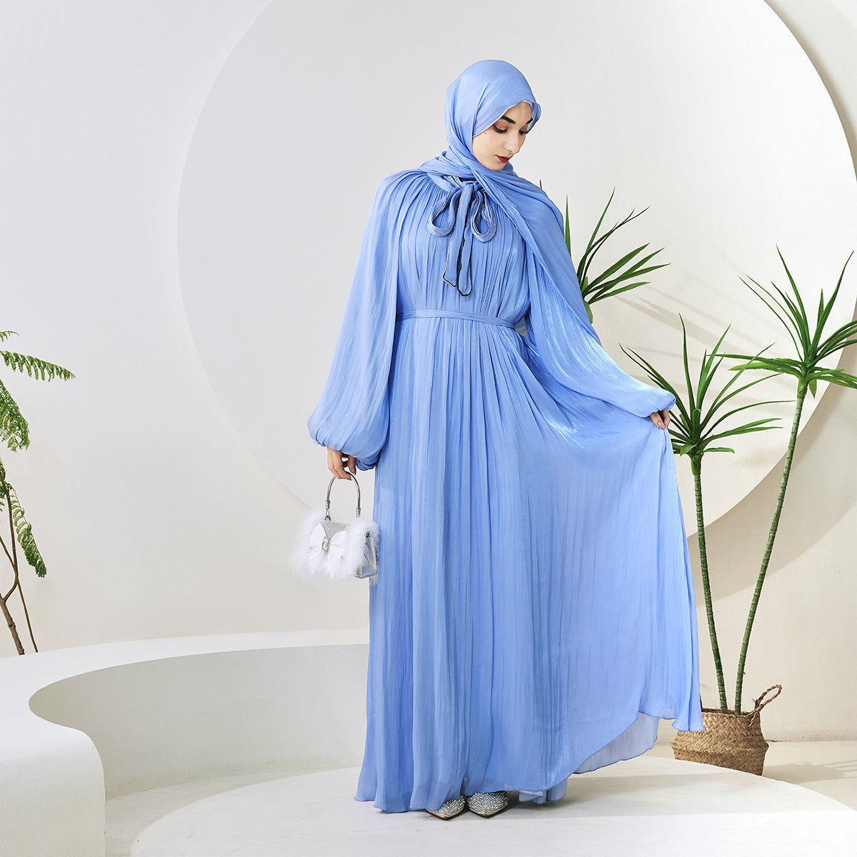 Haffafa Armani Satin Abaya Set – Modest Dress with Matching Belt & Hijab(NCS002)