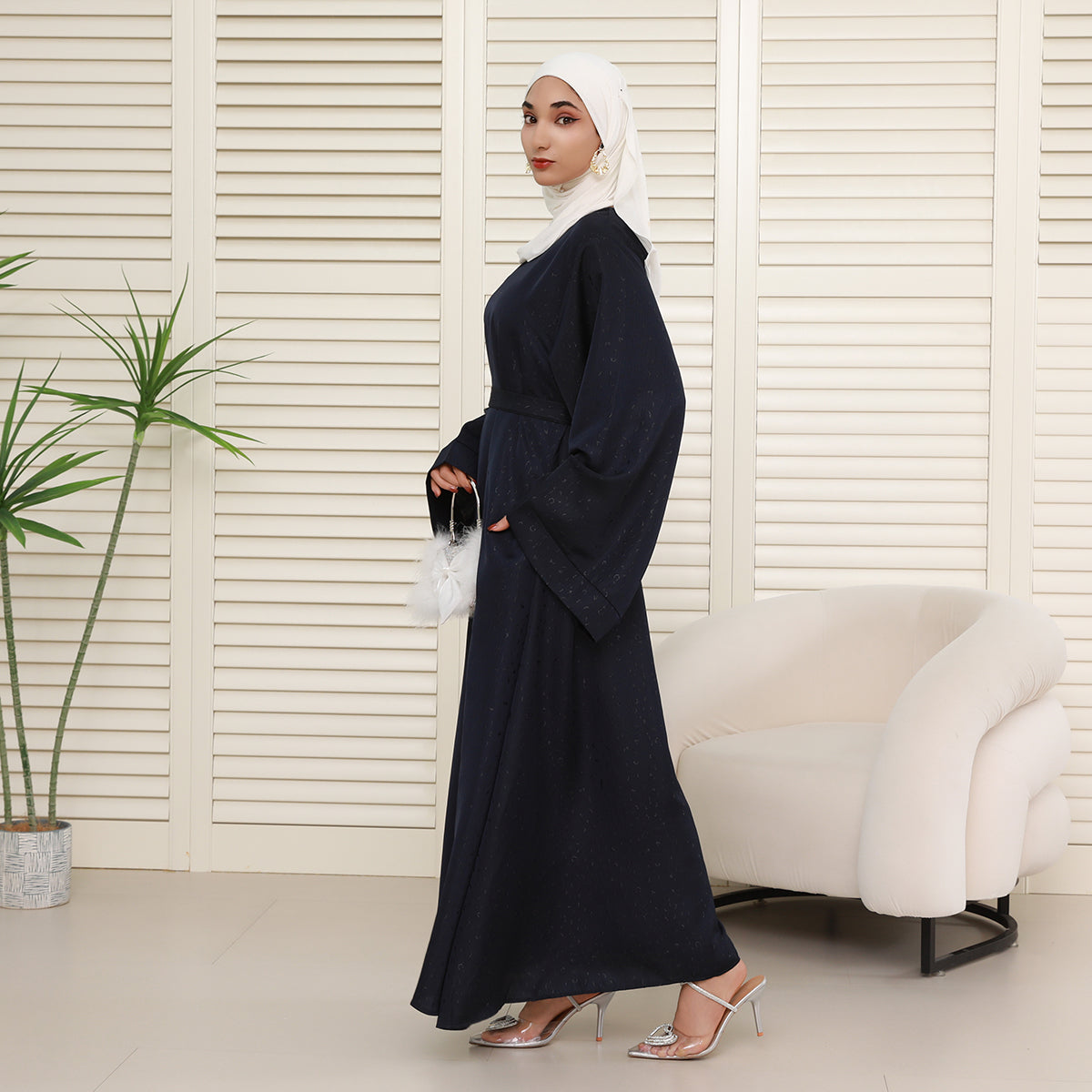 Elegant 3D Jacquard Brocade Belted Maxi Dress Abaya– Luxury Satin Gown for Formal Occasions(NCA019)