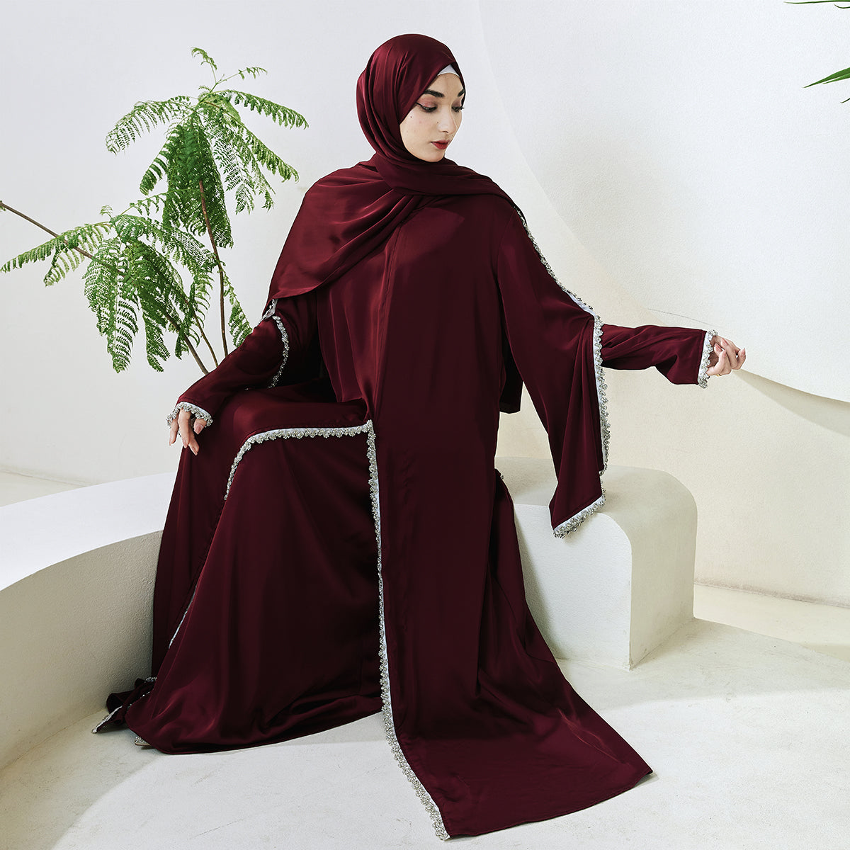Rhinestone-Trim Inner Dress & Zippered Cape Abaya Set – Pre-Order (NCS011)