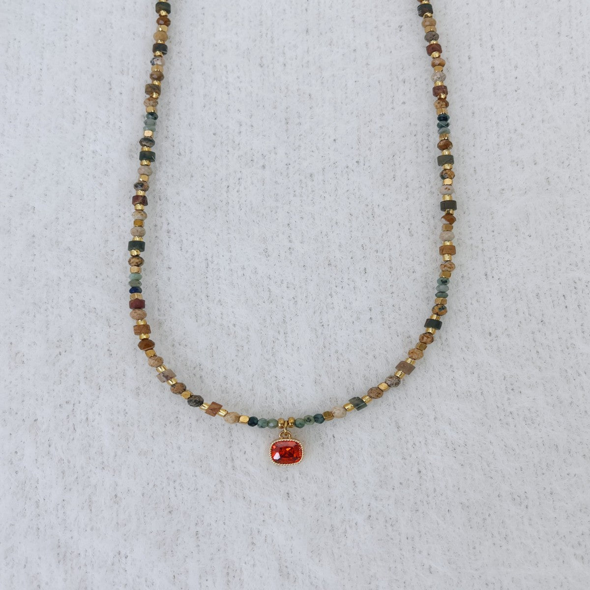 Boho Raw Stone Beaded Necklace with Vintage Sun Pendant – Handmade Natural Gemstone Jewelry for Women(NCJ001)