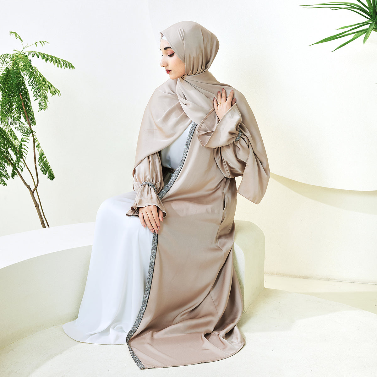 Poet Sleeve Satin Open Abaya With Matching Belt and Hijab(NCS007)