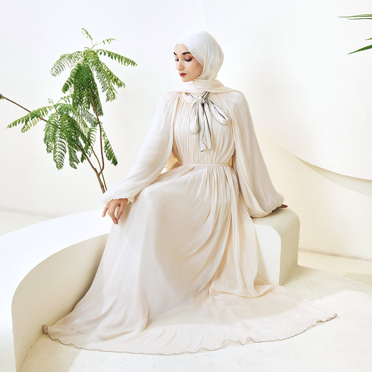 Haffafa Armani Satin Abaya Set – Modest Dress with Matching Belt & Hijab(NCS002)