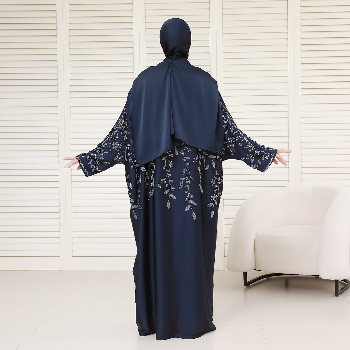 Luxury Rhinestone Zipper Abaya Dress with Built-In Belt and Hidden Snap Cuffs – Modest Maxi Dress with Pockets (NCS020)