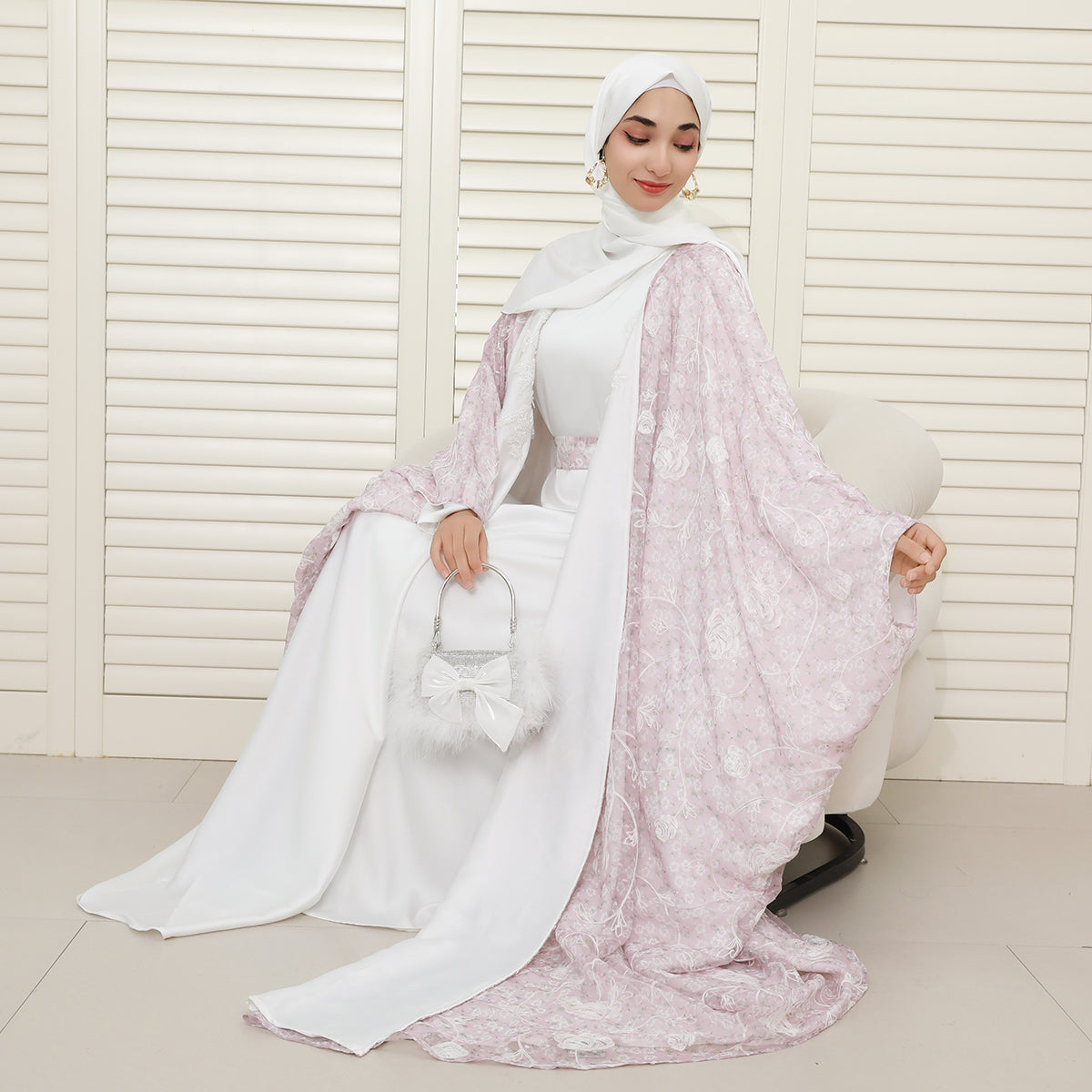 Reversible 4-Piece Batwing Abaya Set – Armani Satin & Embroidered Chiffon (NCS018)