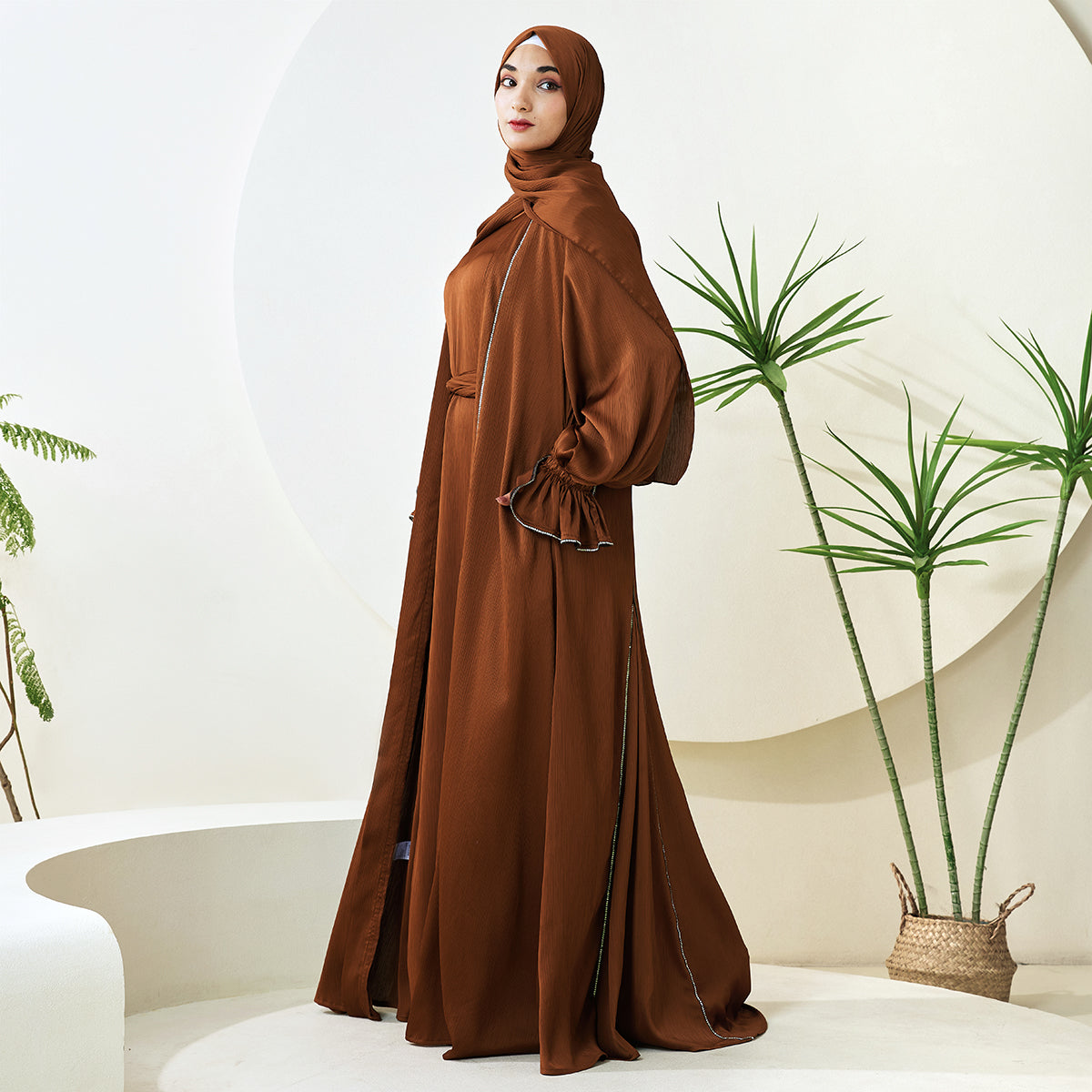 3-Piece Ruffle Sleeve Haiya Abaya Set with Sparkling Rhinestone (NCS006)