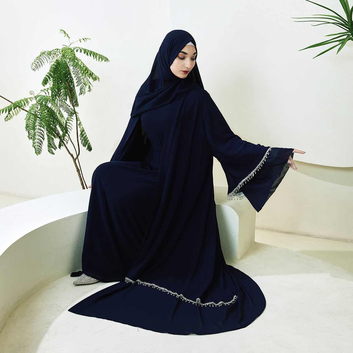 Elegant Chiffon Diamond Tassels Abaya Four - piece Set(NCS001)