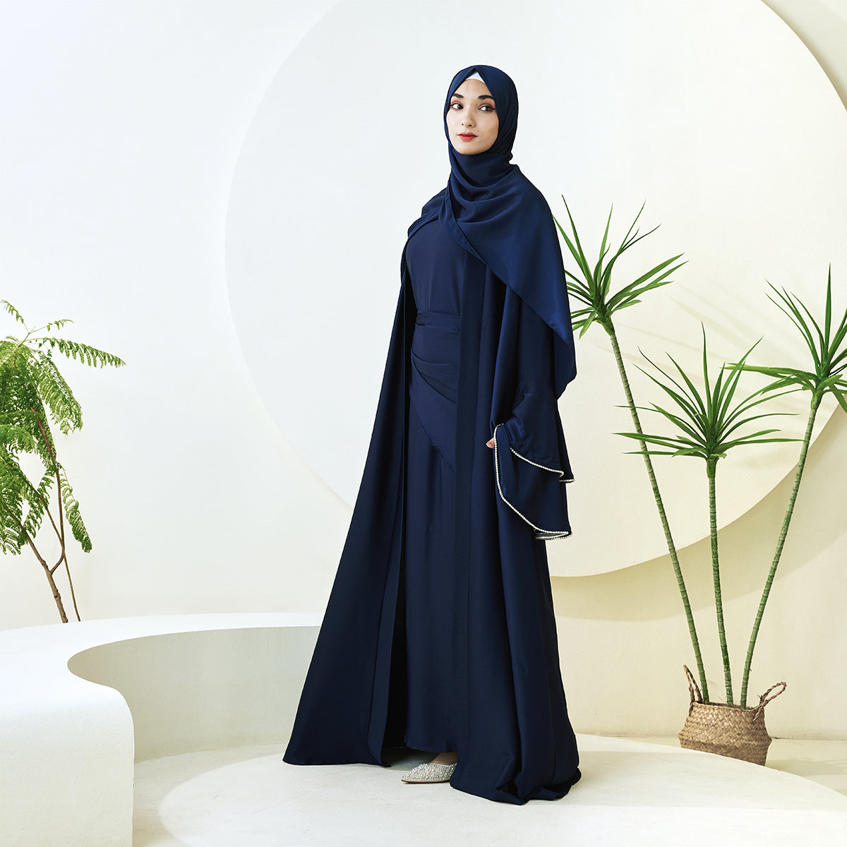 Crepe Satin Ruffle Sleeve Abaya, 5-Piece Set (NCS003)