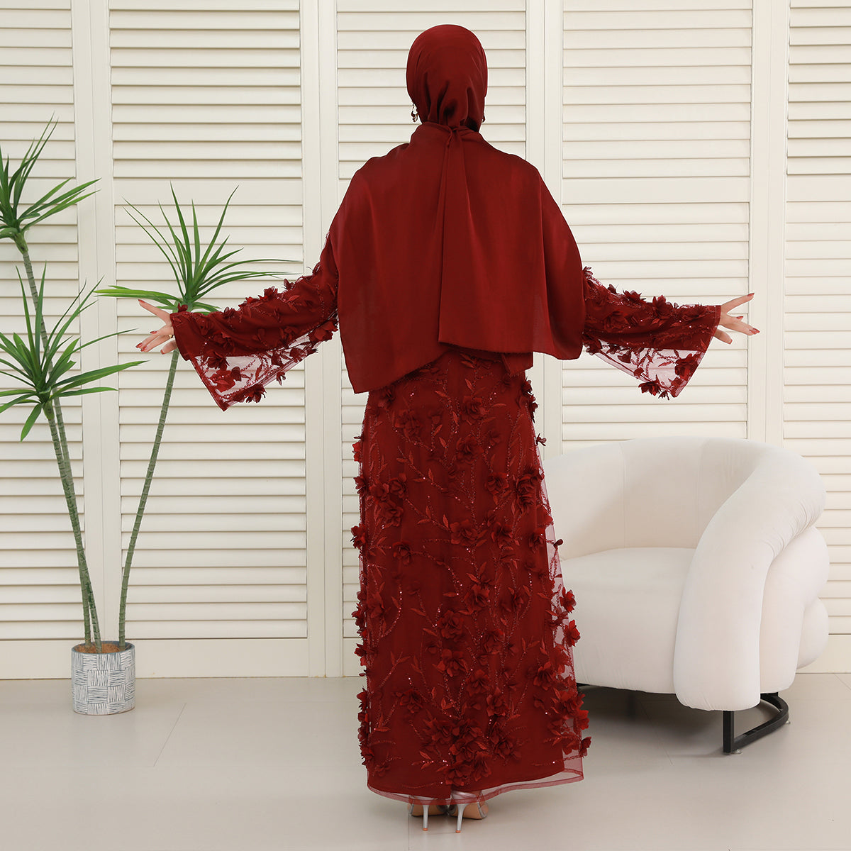 4-Piece 3D Floral Applique Abaya Set with Sheer Overlay – Elegant Occasionwear for Muslim Women-Preorder (NCS012)