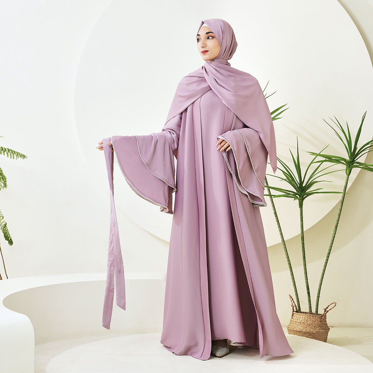 Crepe Satin Ruffle Sleeve Abaya, 5-Piece Set (NCS003)