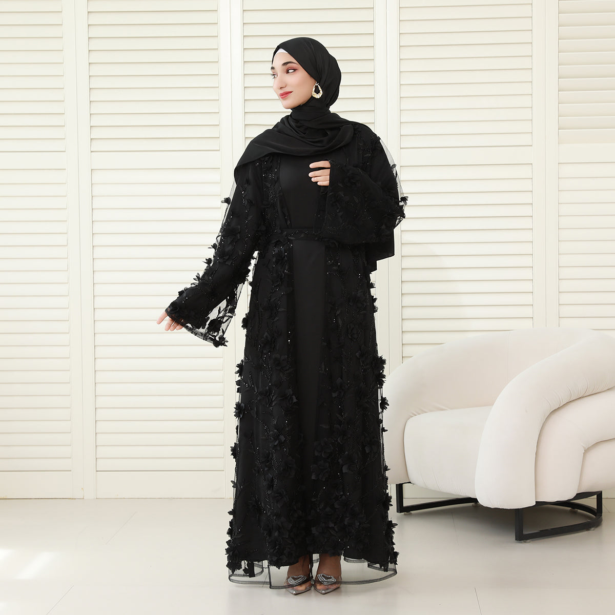 4-Piece 3D Floral Applique Abaya Set with Sheer Overlay – Elegant Occasionwear for Muslim Women-Preorder (NCS012)