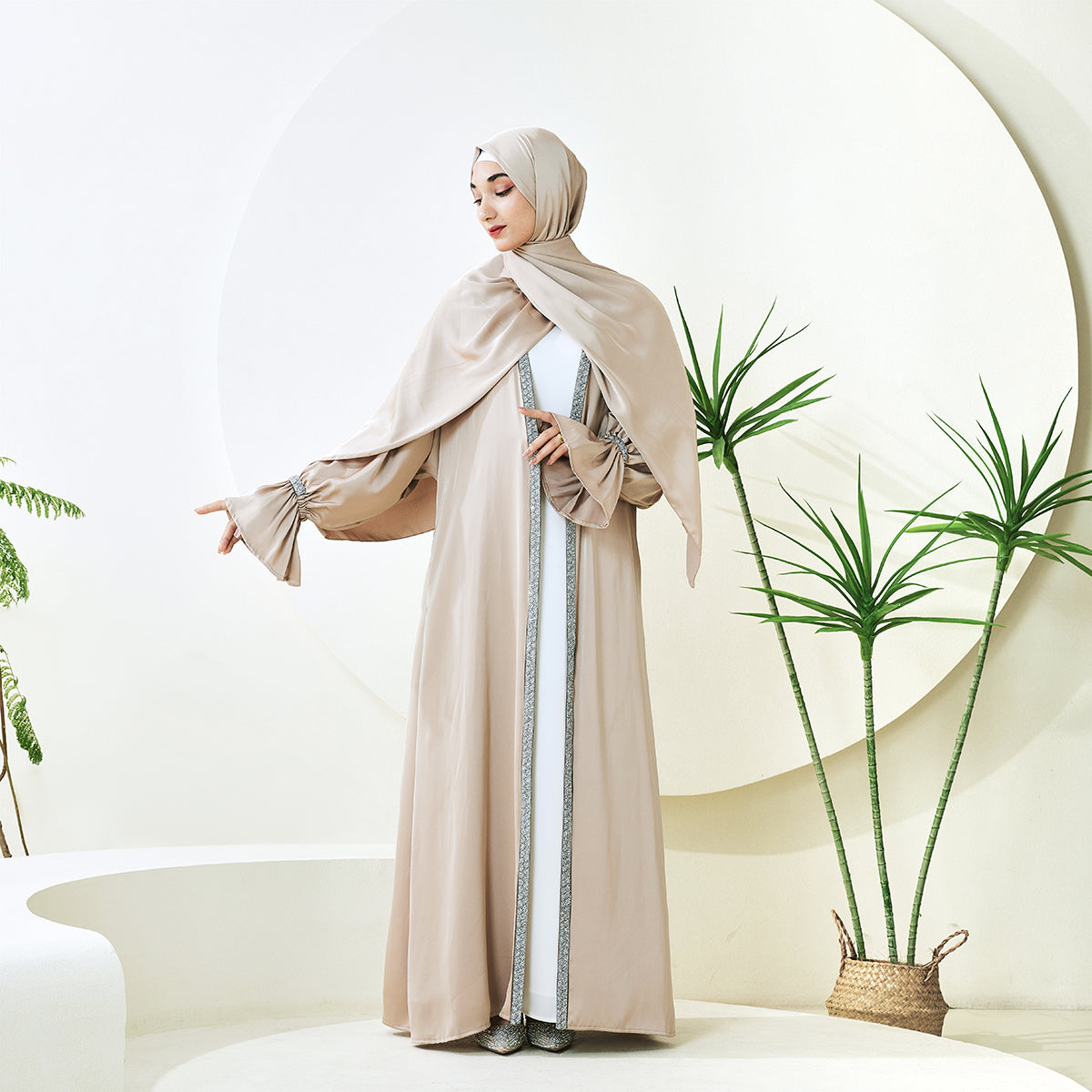 Poet Sleeve Satin Open Abaya With Matching Belt and Hijab(NCS007)