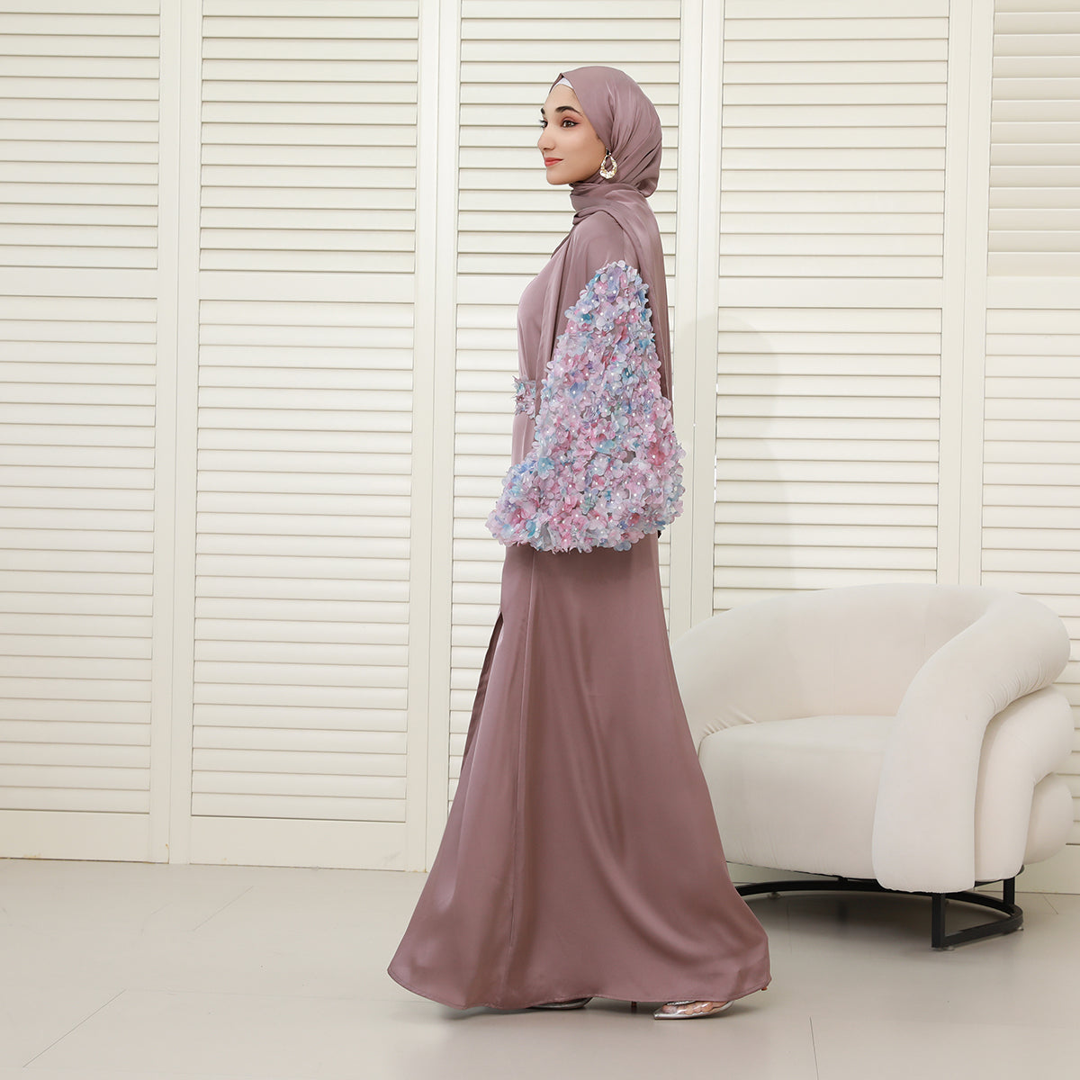 Pastel 3D Floral Sleeve 4-Piece Abaya Set – Elegant Occasionwear Modest Dress (NCS014)