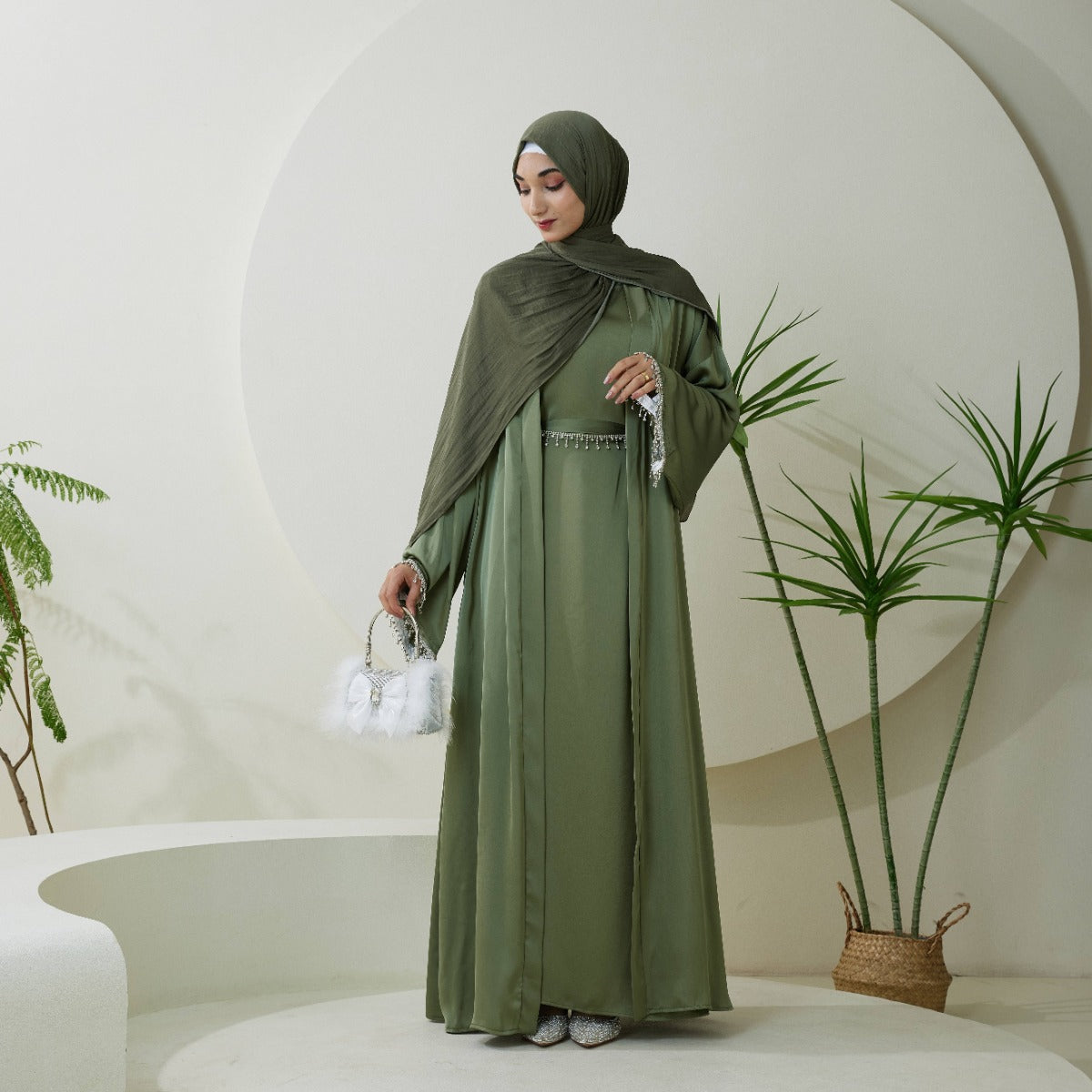 Satin Abaya With Diamond Tassels Belt, 4-Piece Set (NCS004)