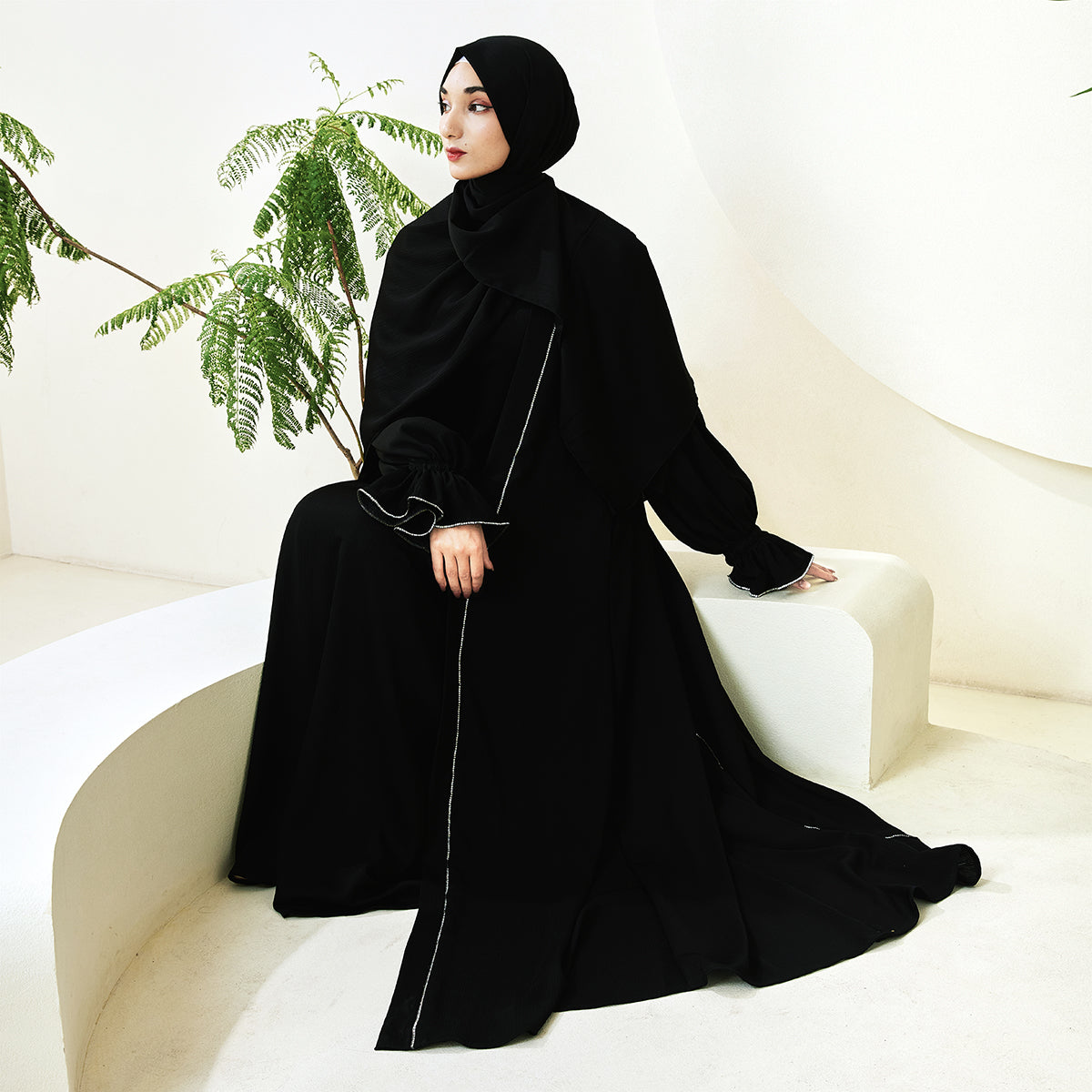3-Piece Ruffle Sleeve Haiya Abaya Set with Sparkling Rhinestone (NCS006)
