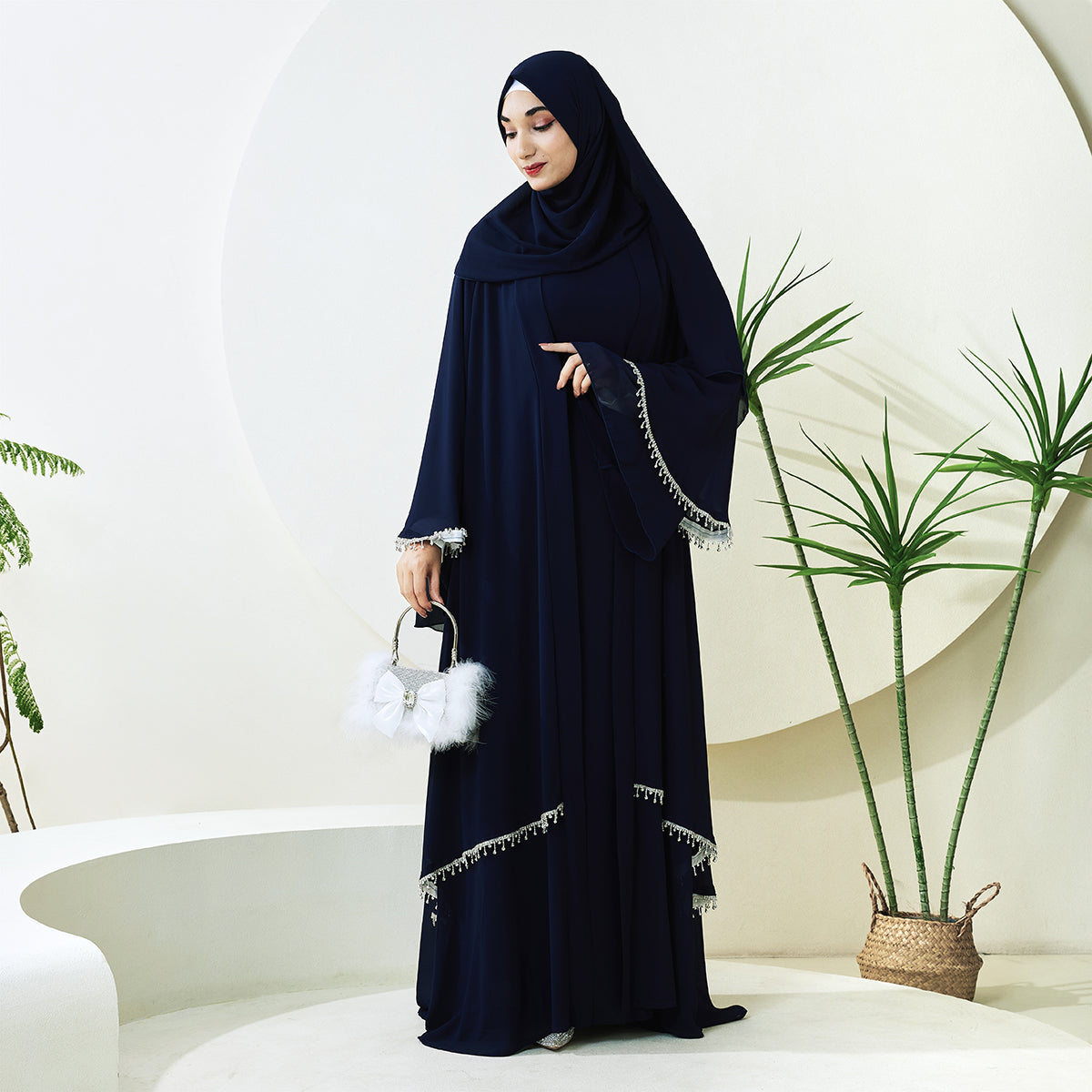 Elegant Chiffon Diamond Tassels Abaya Four - piece Set(NCS001)
