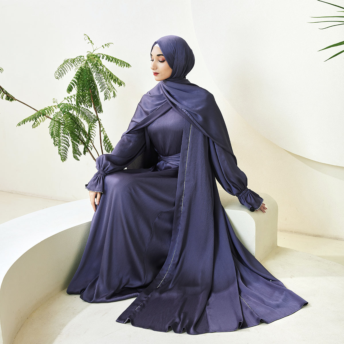 3-Piece Ruffle Sleeve Haiya Abaya Set with Sparkling Rhinestone (NCS006)