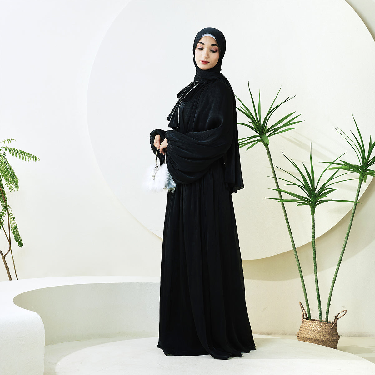 Haffafa Armani Satin Abaya Set – Modest Dress with Matching Belt & Hijab(NCS002)