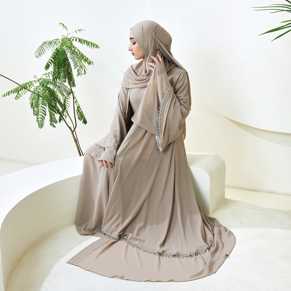 Elegant Chiffon Diamond Tassels Abaya Four - piece Set(NCS001)