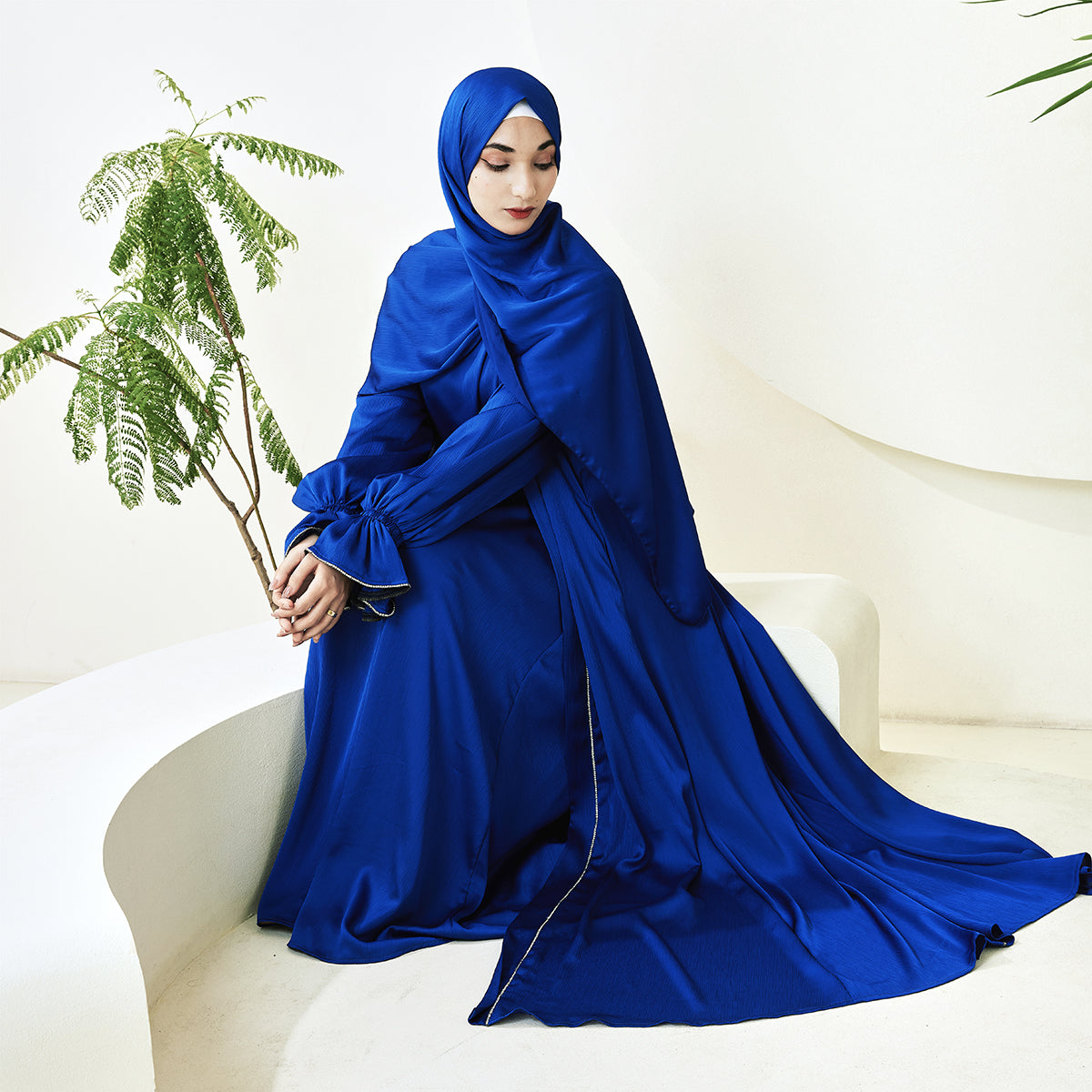 3-Piece Ruffle Sleeve Haiya Abaya Set with Sparkling Rhinestone (NCS006)