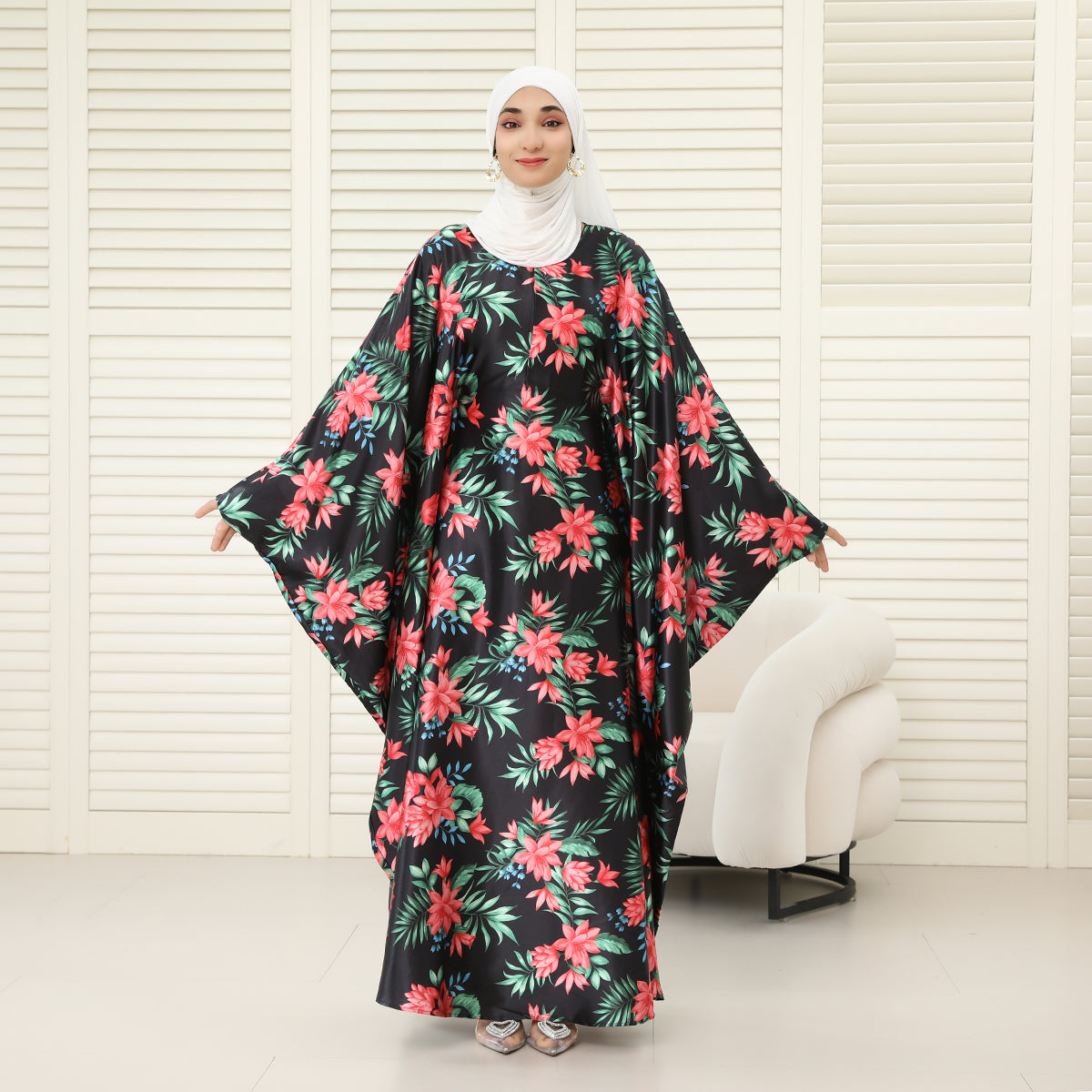 Oversized Batwing Abaya with Hidden Belt & Zipper (NCK004)