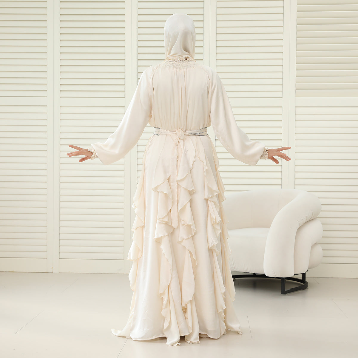 3-Piece Pleated Satin Ruffle Abaya with Crystal Belt & Hijab (NCS015)