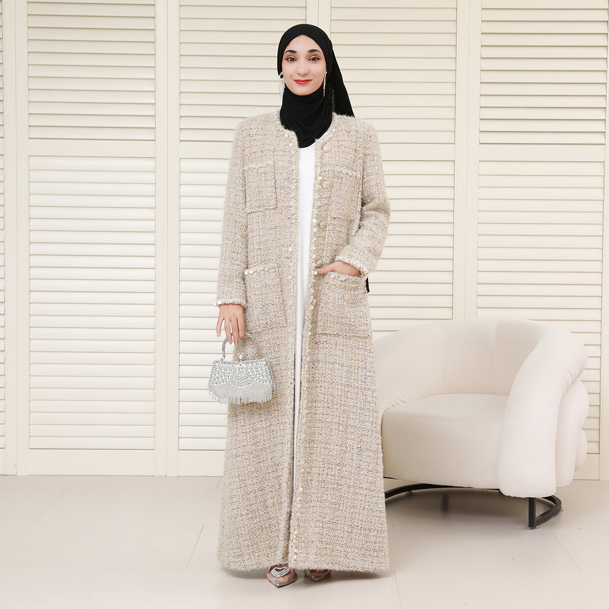 Wool Blend Winter Tweed Abaya Coat with Rhinestone Trim – Elegant Chanel-Inspired Modest Outerwear(NCC001)