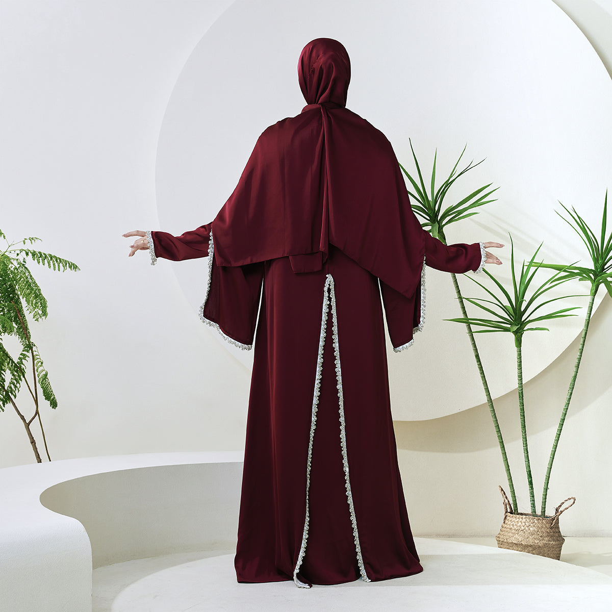 Rhinestone-Trim Inner Dress & Zippered Cape Abaya Set – Pre-Order (NCS011)