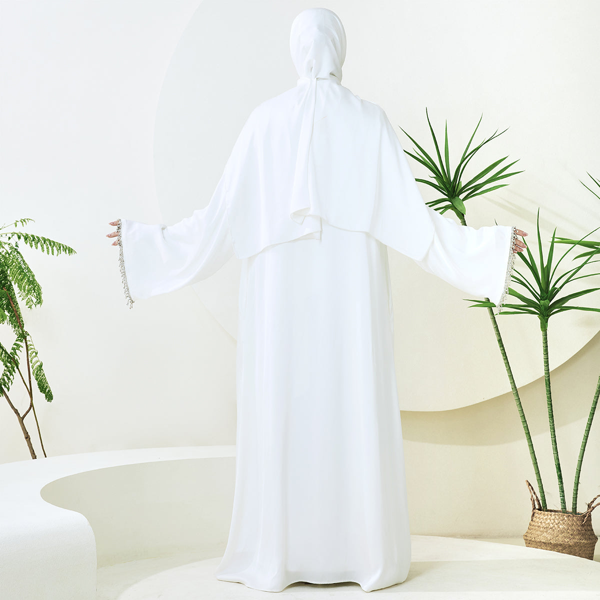 Satin Abaya With Diamond Tassels Belt, 4-Piece Set (NCS004)