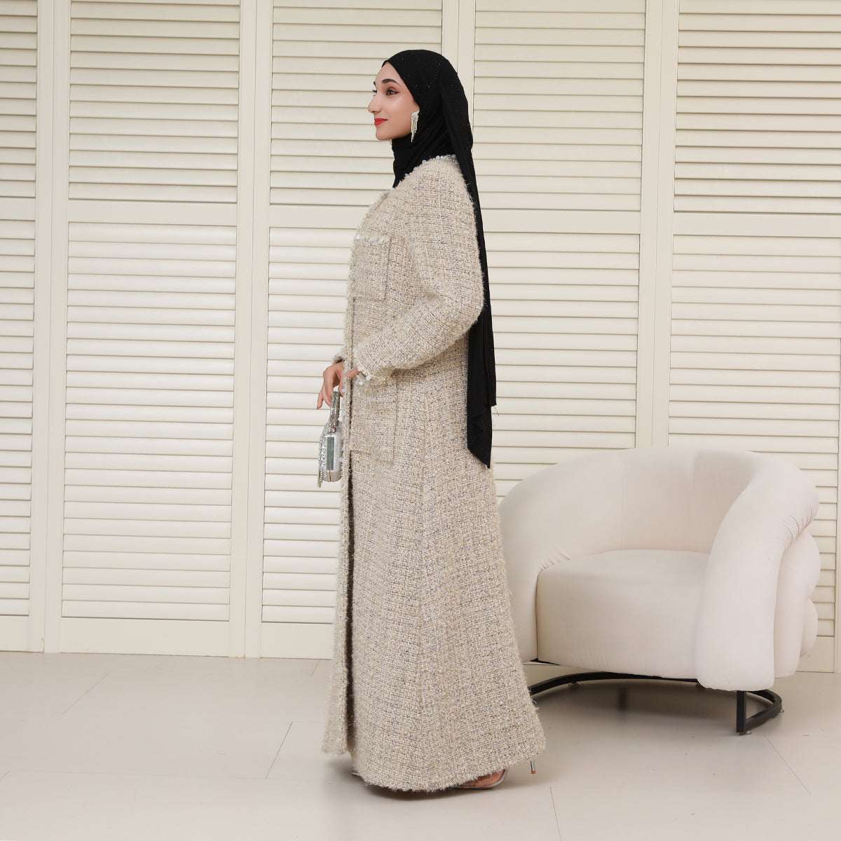 Wool Blend Winter Tweed Abaya Coat with Rhinestone Trim – Elegant Chanel-Inspired Modest Outerwear(NCC001)