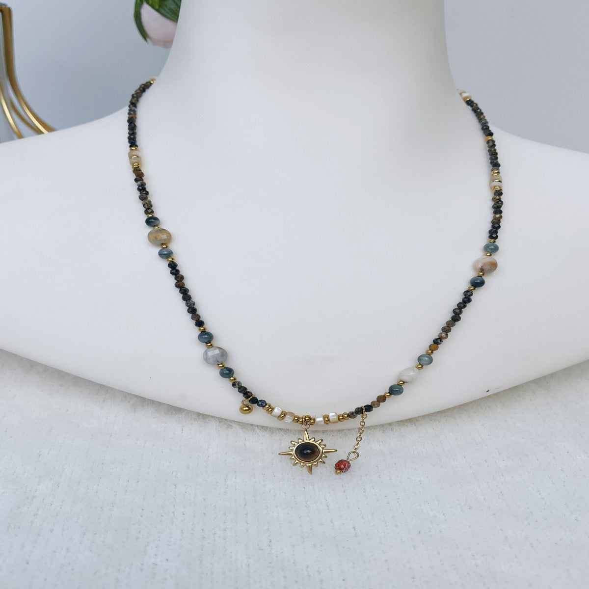 Boho Raw Stone Beaded Necklace with Vintage Sun Pendant – Handmade Natural Gemstone Jewelry for Women(NCJ001)