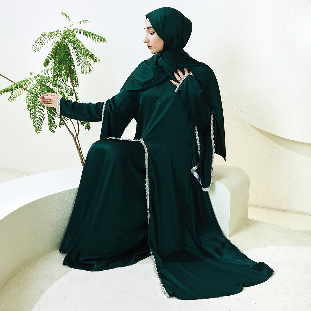 Rhinestone-Trim Inner Dress & Zippered Cape Abaya Set – Pre-Order (NCS011)