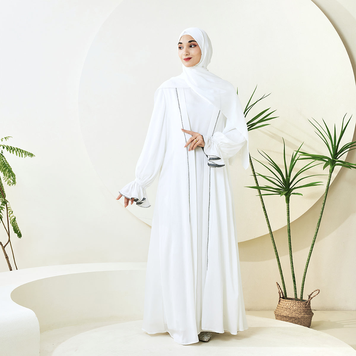 3-Piece Ruffle Sleeve Haiya Abaya Set with Sparkling Rhinestone (NCS006)
