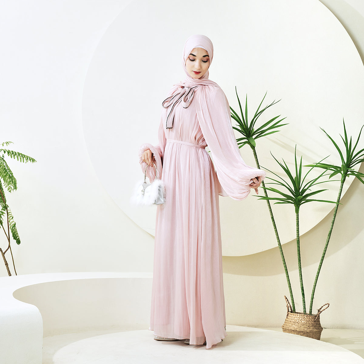 Haffafa Armani Satin Abaya Set – Modest Dress with Matching Belt & Hijab(NCS002)