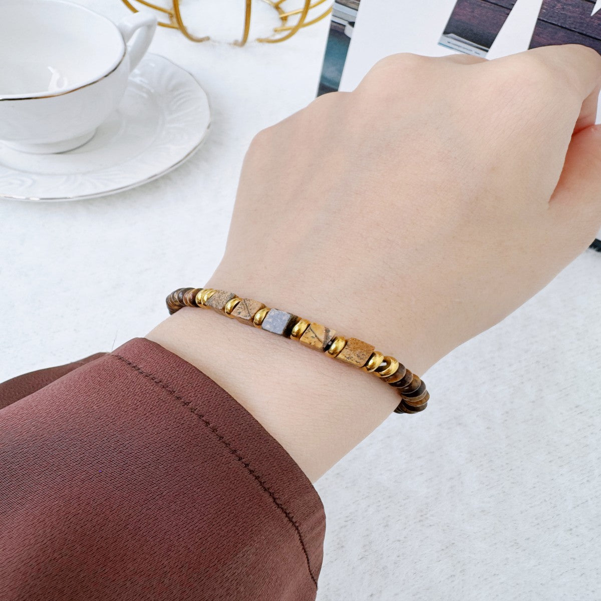 Boho Raw Gemstone Beaded Bracelet – Handmade Natural Stone Jewelry for Women(NCJ002)