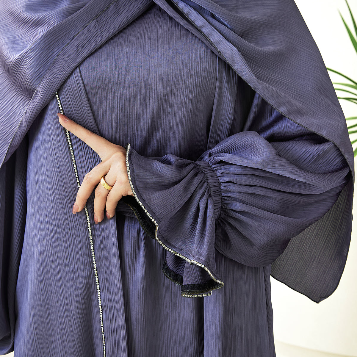 3-Piece Ruffle Sleeve Haiya Abaya Set with Sparkling Rhinestone (NCS006)