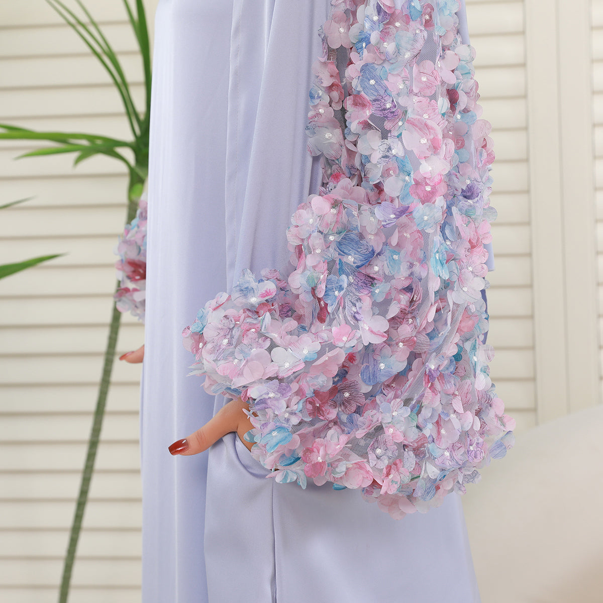 Pastel 3D Floral Sleeve 4-Piece Abaya Set – Elegant Occasionwear Modest Dress (NCS014)